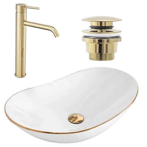 Set Vasque à poser Royal gold edge + Robinet de lavabo Lungo l.gold + Bonde l.gold