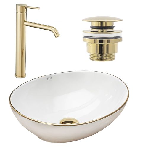 Set de vasque Sofia gold edge + robinet de lavabo Lungo l.gold  haut + bonde l.gold