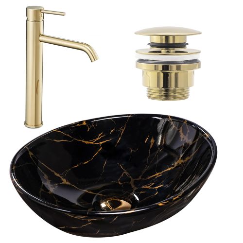 Set Vasque à poser Sofia marble black + Robinet de lavabo Lungo l.gold + Bonde l.gold